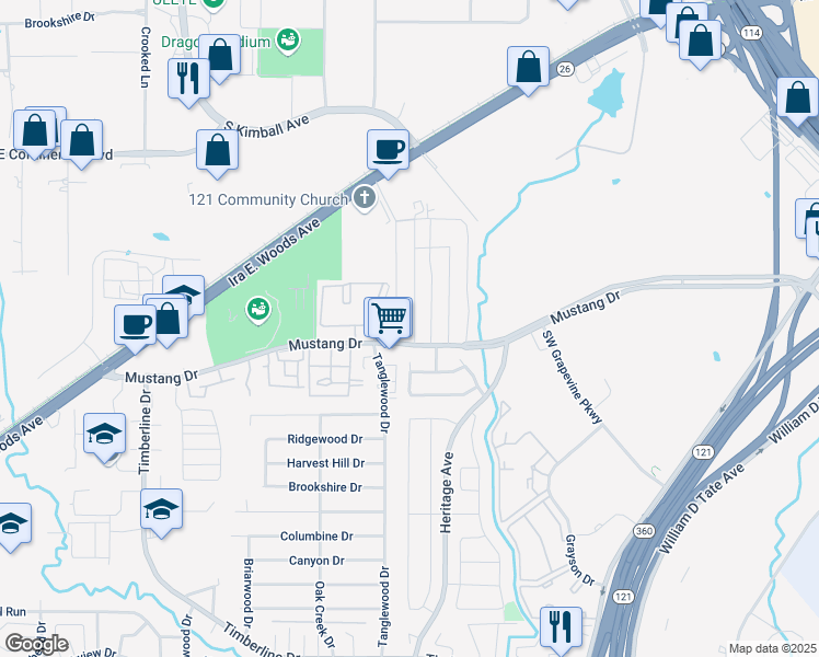 map of restaurants, bars, coffee shops, grocery stores, and more near 107 Chisholm in Grapevine