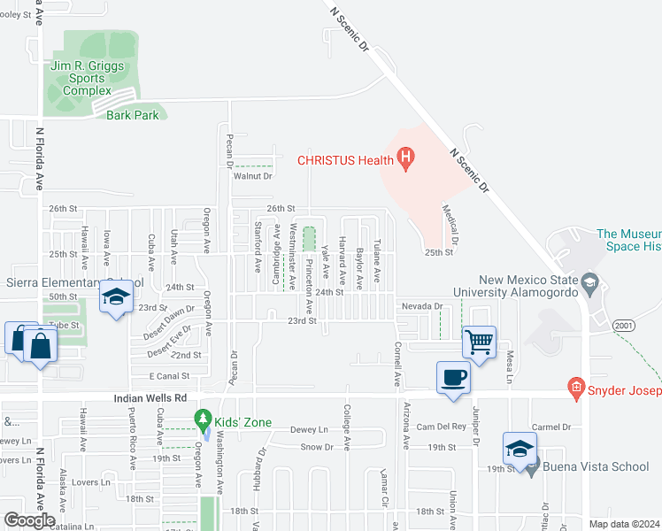 map of restaurants, bars, coffee shops, grocery stores, and more near 2410 Yale Avenue in Alamogordo