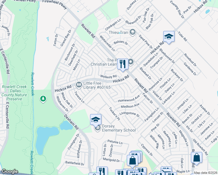 map of restaurants, bars, coffee shops, grocery stores, and more near 7013 Clarendon Street in Rowlett