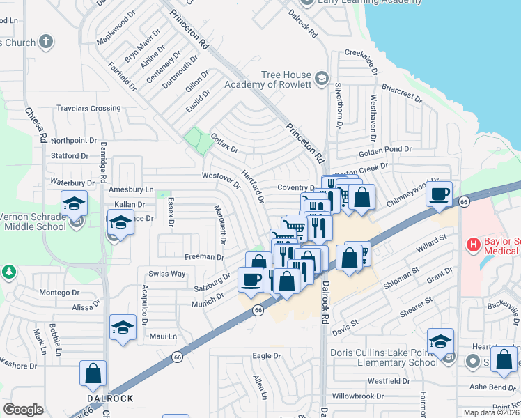 map of restaurants, bars, coffee shops, grocery stores, and more near 8510 Hartford Dr in Rowlett