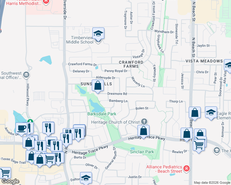 map of restaurants, bars, coffee shops, grocery stores, and more near 9901 Sedgewick Road in Fort Worth