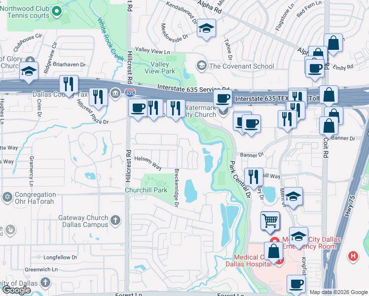 map of restaurants, bars, coffee shops, grocery stores, and more near 7216 Helsem Bend Circle in Dallas