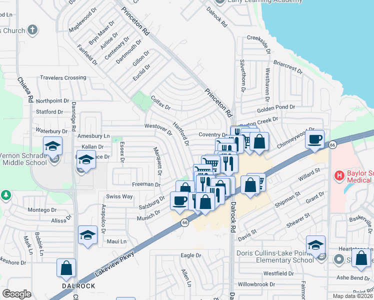 map of restaurants, bars, coffee shops, grocery stores, and more near 8510 Hartford Drive in Rowlett