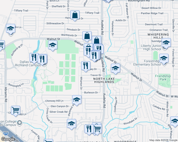 map of restaurants, bars, coffee shops, grocery stores, and more near 9744 Burney Drive in Dallas