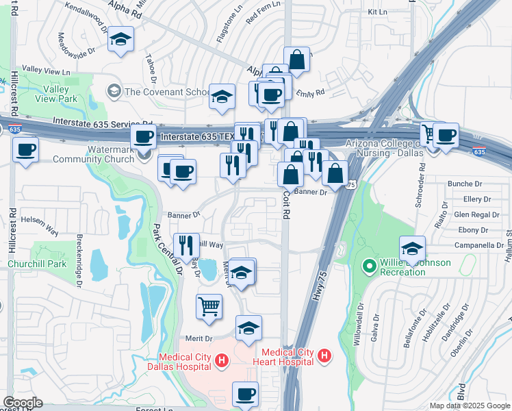 map of restaurants, bars, coffee shops, grocery stores, and more near 12639 Coit Road in Dallas