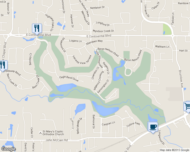 map of restaurants, bars, coffee shops, grocery stores, and more near 615 Chandon Court in Southlake