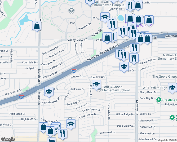 map of restaurants, bars, coffee shops, grocery stores, and more near 9005 Rosser Road in Dallas