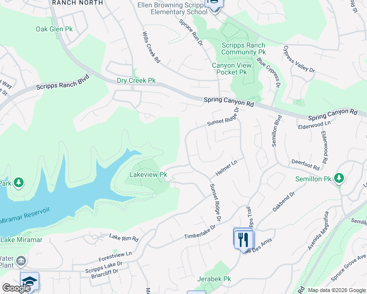map of restaurants, bars, coffee shops, grocery stores, and more near 10784 Sunset Ridge Drive in San Diego