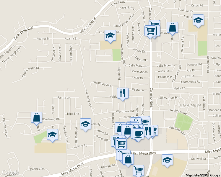 map of restaurants, bars, coffee shops, grocery stores, and more near 9111 Reagan Road in San Diego