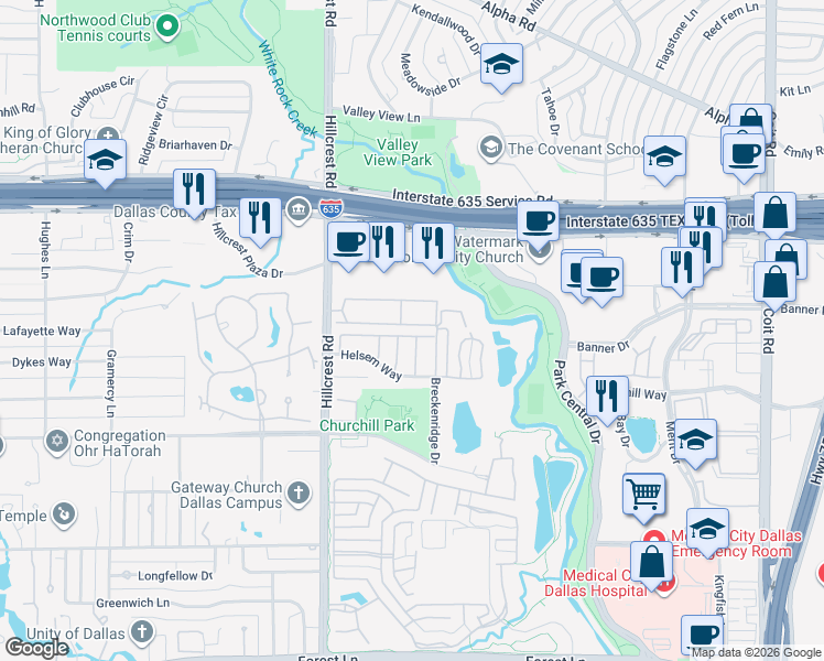 map of restaurants, bars, coffee shops, grocery stores, and more near 7057 Helsem Way in Dallas