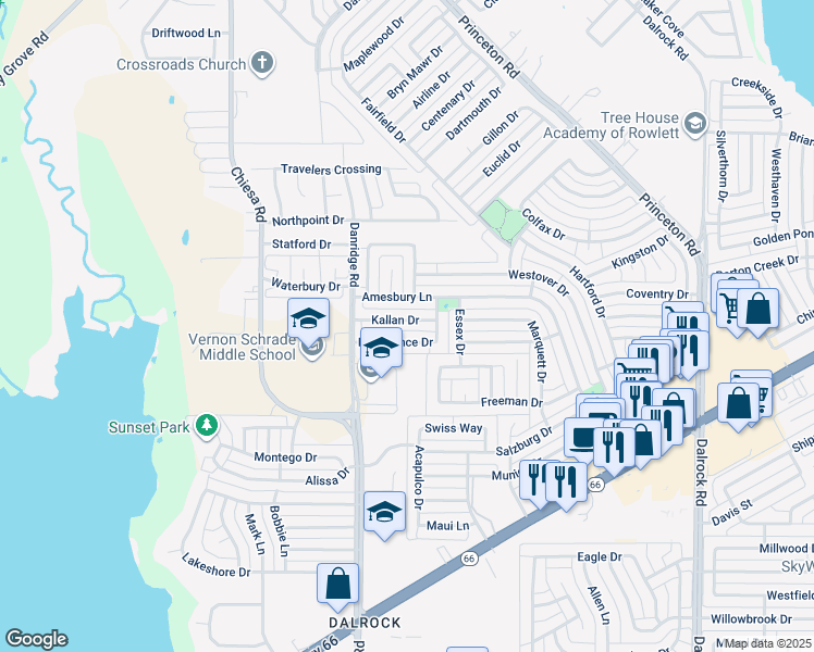 map of restaurants, bars, coffee shops, grocery stores, and more near 7602 Kallan Drive in Rowlett