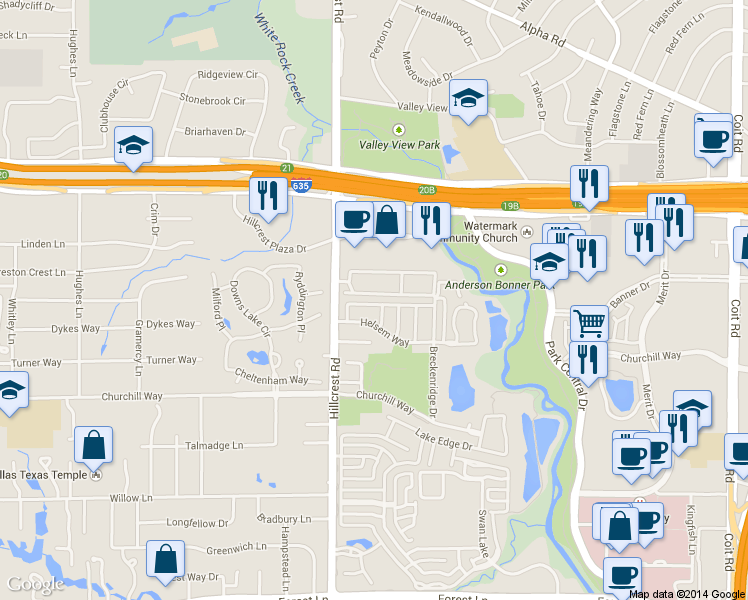 map of restaurants, bars, coffee shops, grocery stores, and more near 7021 Helsem Way in Dallas