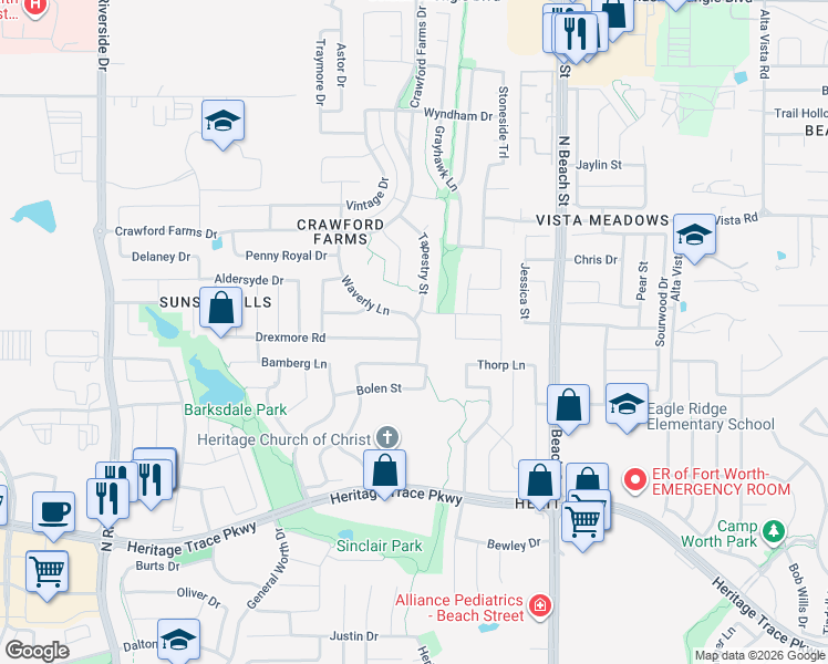 map of restaurants, bars, coffee shops, grocery stores, and more near 4173 Drexmore Road in Fort Worth