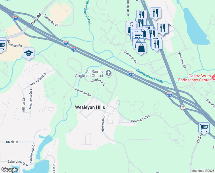map of restaurants, bars, coffee shops, grocery stores, and more near 110 Chadwick Drive in Macon