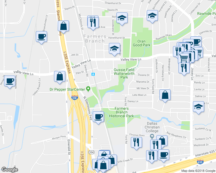 map of restaurants, bars, coffee shops, grocery stores, and more near 2529 Charlie Bird Parkway in Farmers Branch