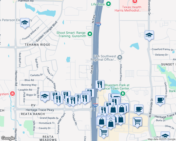 map of restaurants, bars, coffee shops, grocery stores, and more near 10001 North Freeway Service Road East in Fort Worth