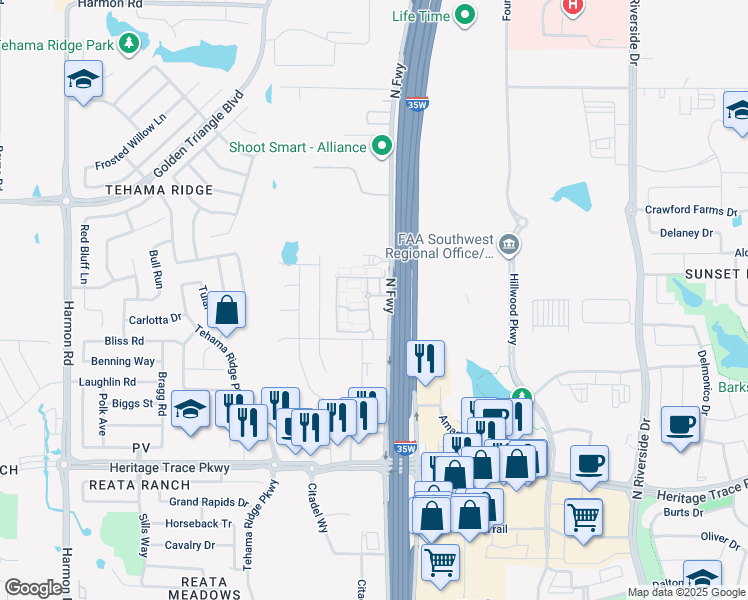 map of restaurants, bars, coffee shops, grocery stores, and more near 10001 North Freeway Service Road West in Fort Worth