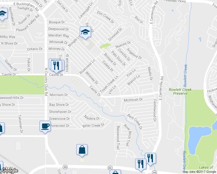 map of restaurants, bars, coffee shops, grocery stores, and more near 1014 Toyah Creek Lane in Garland