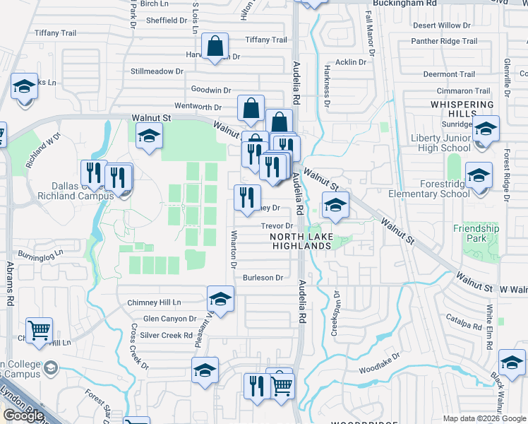 map of restaurants, bars, coffee shops, grocery stores, and more near 9744 Burney Drive in Dallas