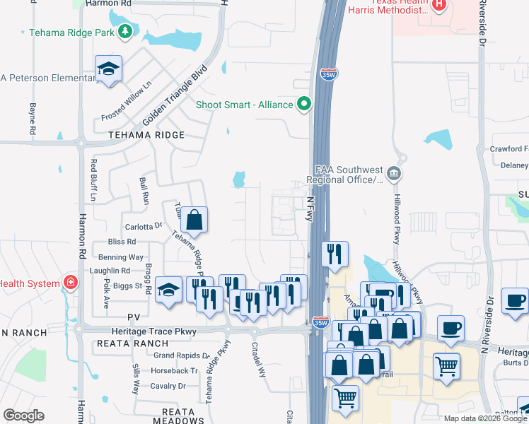 map of restaurants, bars, coffee shops, grocery stores, and more near 10004 Tule Lake Road in Fort Worth