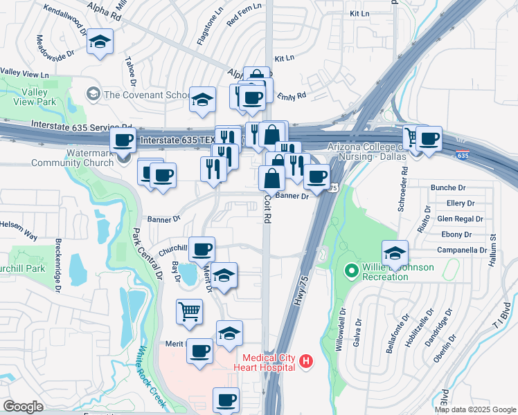map of restaurants, bars, coffee shops, grocery stores, and more near 12639 Coit Road in Dallas