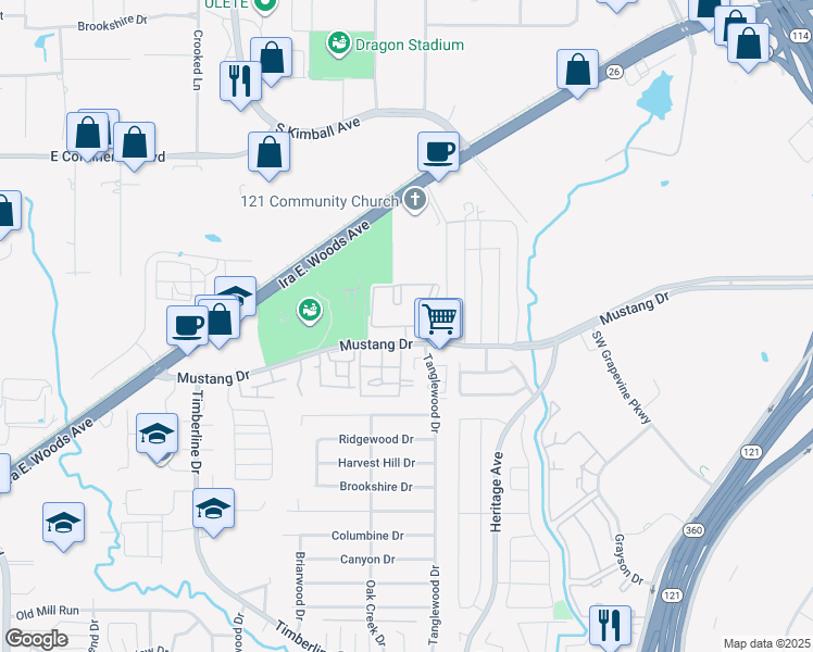 map of restaurants, bars, coffee shops, grocery stores, and more near 2950 Mustang Drive in Grapevine
