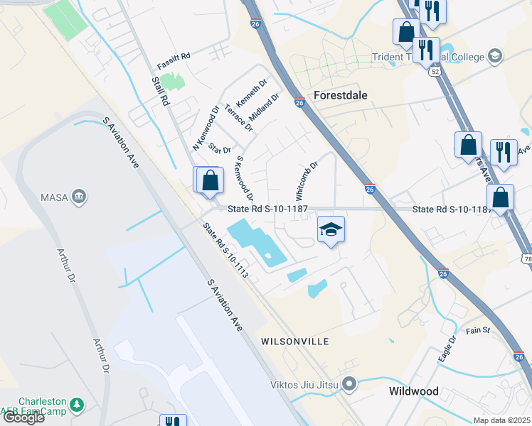 map of restaurants, bars, coffee shops, grocery stores, and more near 2561 Midland Park Road in North Charleston