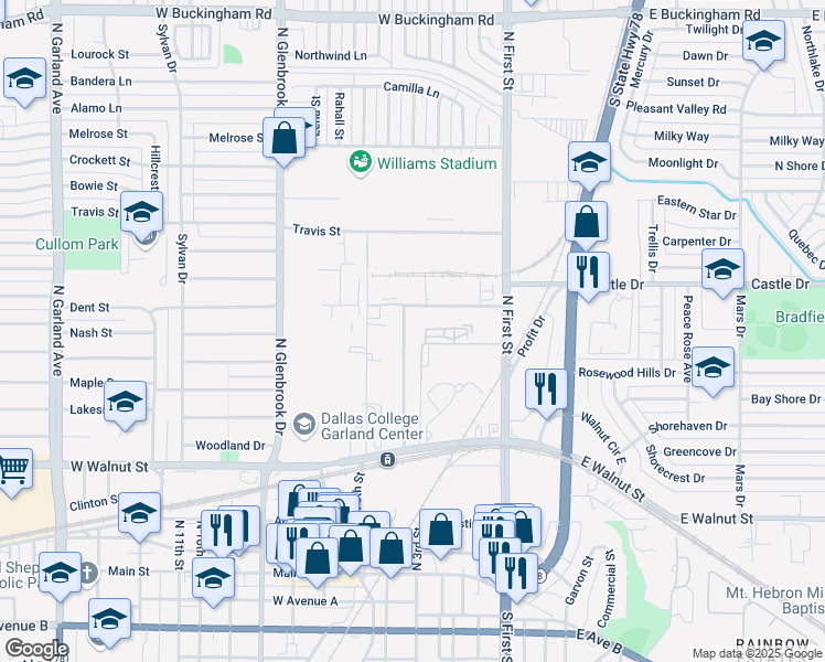 map of restaurants, bars, coffee shops, grocery stores, and more near 640 North 4th Street in Garland