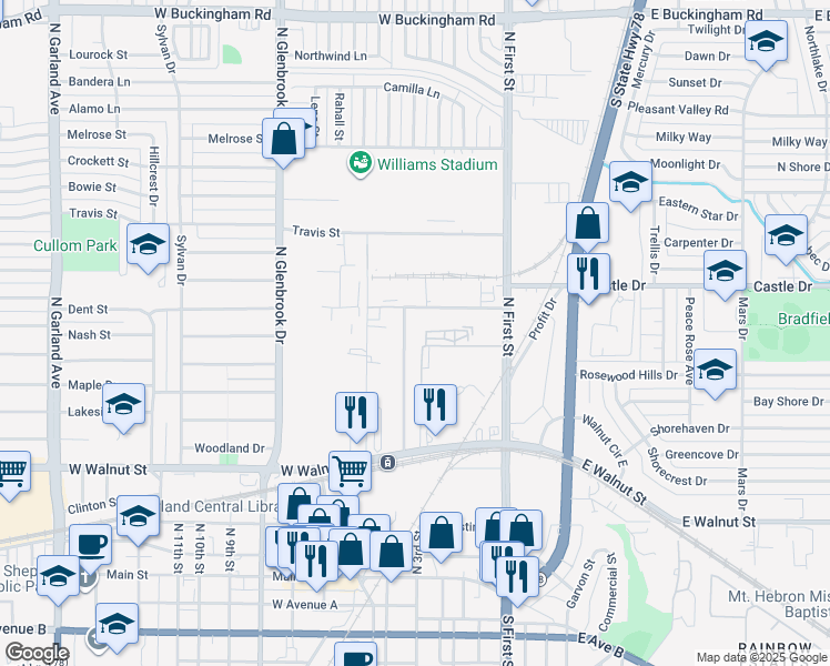 map of restaurants, bars, coffee shops, grocery stores, and more near 640 North 4th Street in Garland