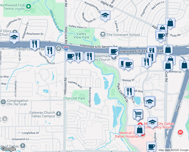 map of restaurants, bars, coffee shops, grocery stores, and more near 7216 Helsem Bend Circle in Dallas