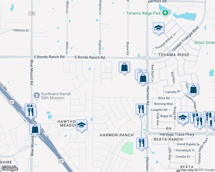 map of restaurants, bars, coffee shops, grocery stores, and more near Fiddleneck Street in Fort Worth