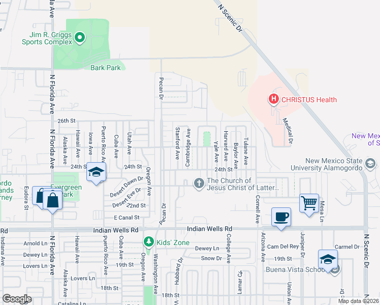 map of restaurants, bars, coffee shops, grocery stores, and more near 2412 Cambridge Avenue in Alamogordo