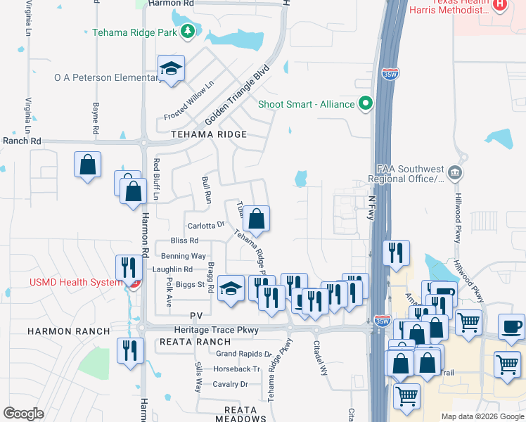 map of restaurants, bars, coffee shops, grocery stores, and more near 10002 Grey Crow Drive in Fort Worth