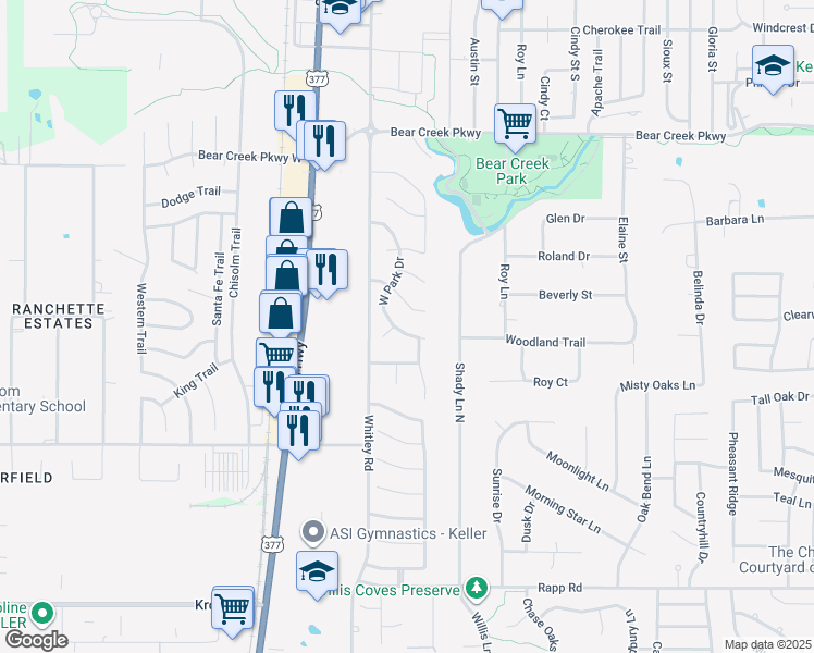 map of restaurants, bars, coffee shops, grocery stores, and more near 728 West Park Drive in Keller