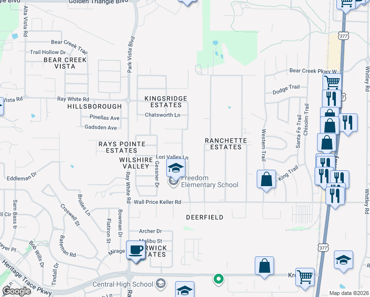 map of restaurants, bars, coffee shops, grocery stores, and more near 10016 Saint James Street in Fort Worth
