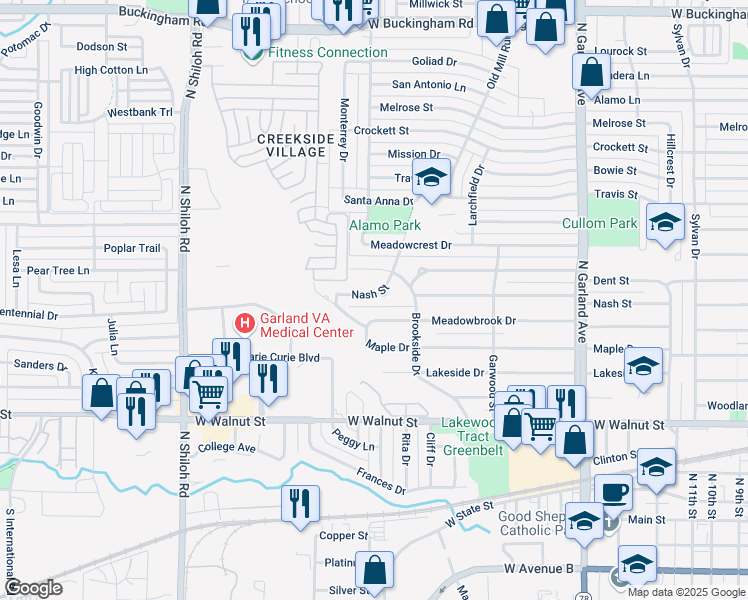 map of restaurants, bars, coffee shops, grocery stores, and more near 1628 Nash Street in Garland