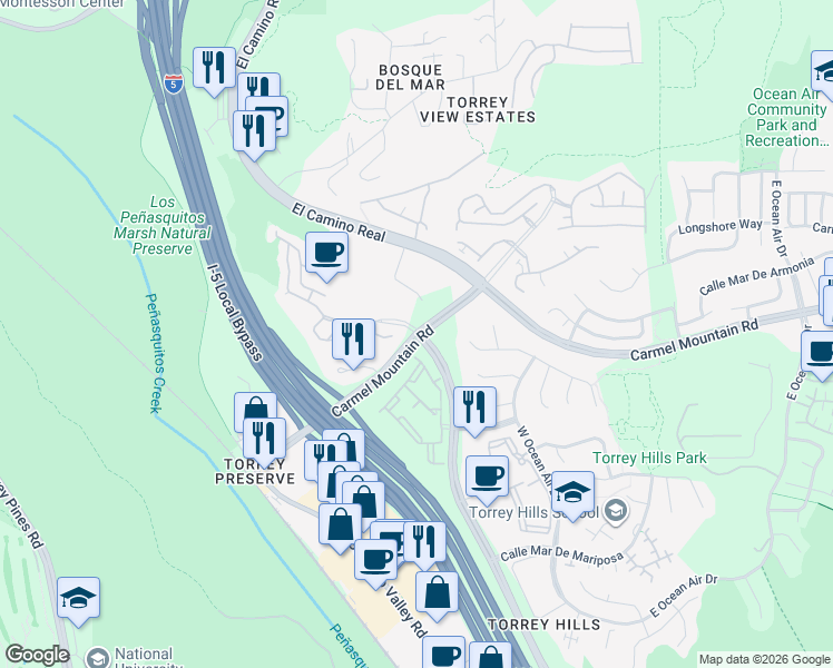 map of restaurants, bars, coffee shops, grocery stores, and more near Carmel Mountain Road & Torrey View Court in San Diego