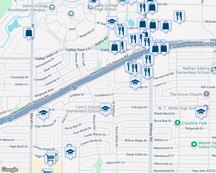 map of restaurants, bars, coffee shops, grocery stores, and more near 4242 Rosser Square in Dallas