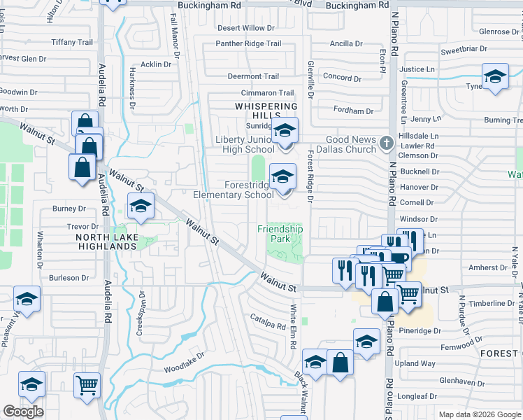 map of restaurants, bars, coffee shops, grocery stores, and more near 12715 Hornbeam Drive in Dallas