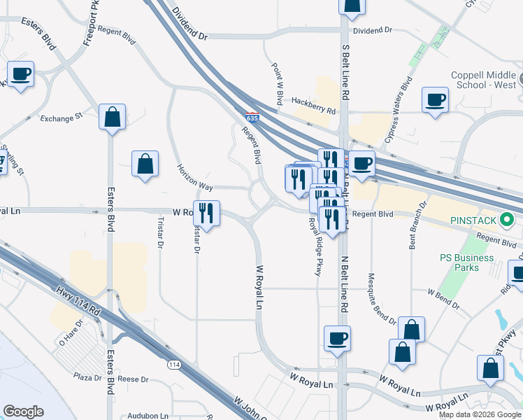 map of restaurants, bars, coffee shops, grocery stores, and more near Royal Crossing in Irving