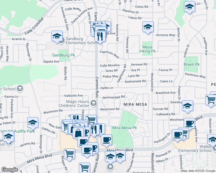 map of restaurants, bars, coffee shops, grocery stores, and more near 8415 Hydra Lane in San Diego
