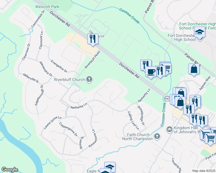 map of restaurants, bars, coffee shops, grocery stores, and more near 5451 Altamaha Drive in North Charleston