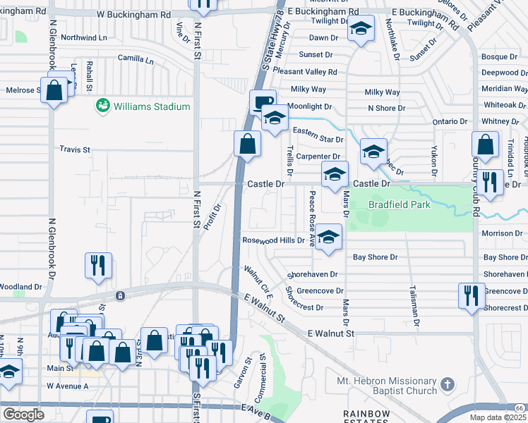 map of restaurants, bars, coffee shops, grocery stores, and more near 1002 Lavon Drive in Garland