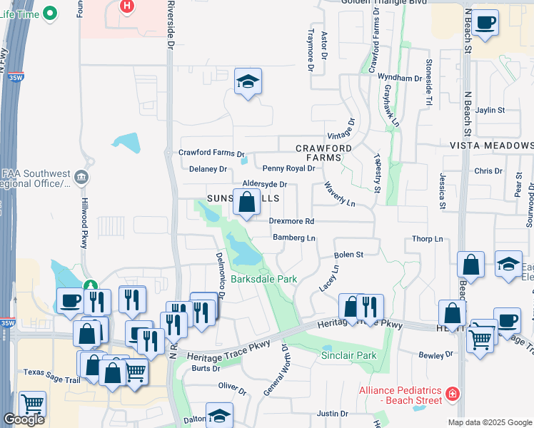 map of restaurants, bars, coffee shops, grocery stores, and more near 9900 Channing Road in Fort Worth