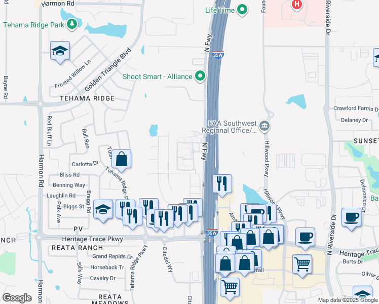 map of restaurants, bars, coffee shops, grocery stores, and more near 10001 North Freeway in Fort Worth