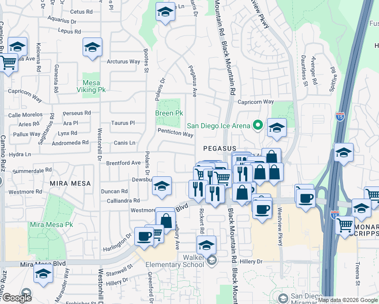 map of restaurants, bars, coffee shops, grocery stores, and more near 10993 Pegasus Avenue in San Diego