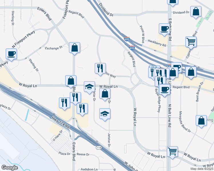 map of restaurants, bars, coffee shops, grocery stores, and more near 4091 West Royal Lane in Irving