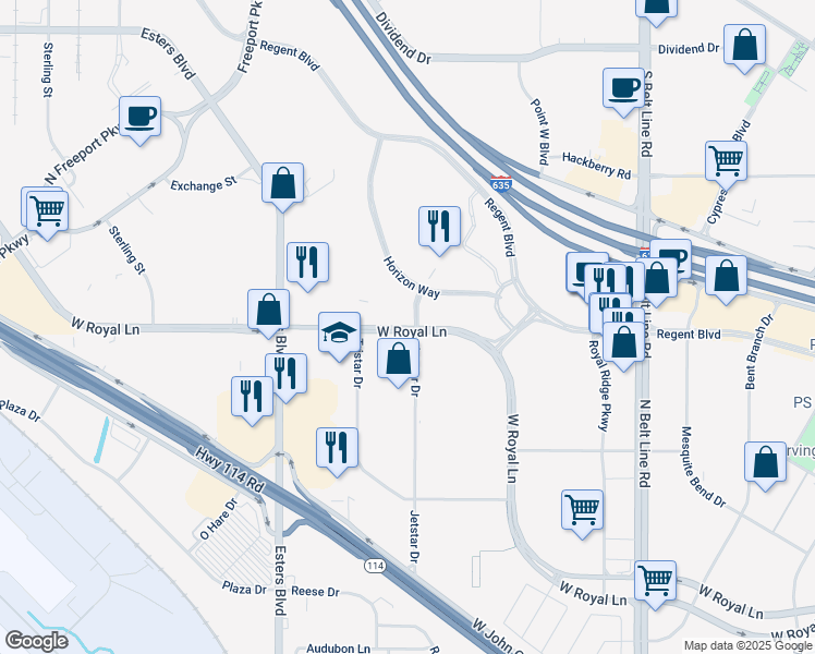 map of restaurants, bars, coffee shops, grocery stores, and more near 4091 West Royal Lane in Irving
