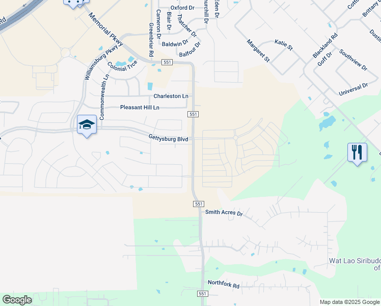 map of restaurants, bars, coffee shops, grocery stores, and more near 2380 Farm to Market Road 551 in Royse City