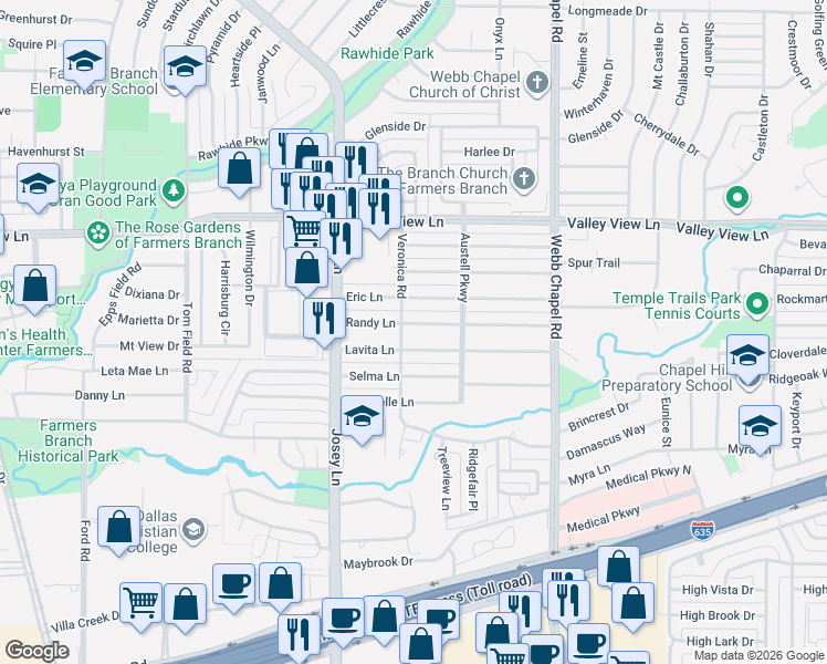 map of restaurants, bars, coffee shops, grocery stores, and more near 2949 Lavita Lane in Farmers Branch